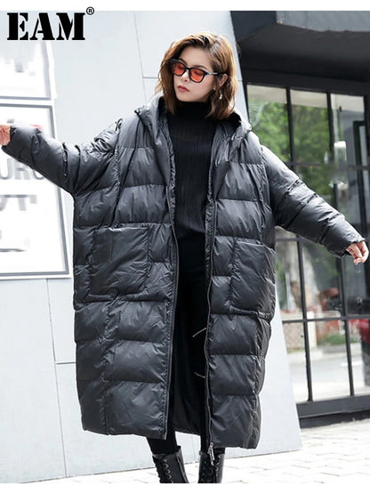 [EAM] Big Size Long Hooded Cotton-padded Coat Long Sleeve Loose Fit Women Parkas Fashion Tide New Autumn Winter 2024 JD1210