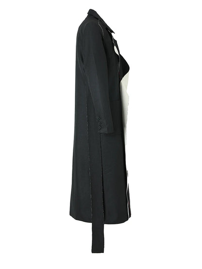 [EAM] femmes noir surpiqué longue grande taille Trench nouveau revers à manches longues coupe-vent ample mode printemps automne 2024 1W51909