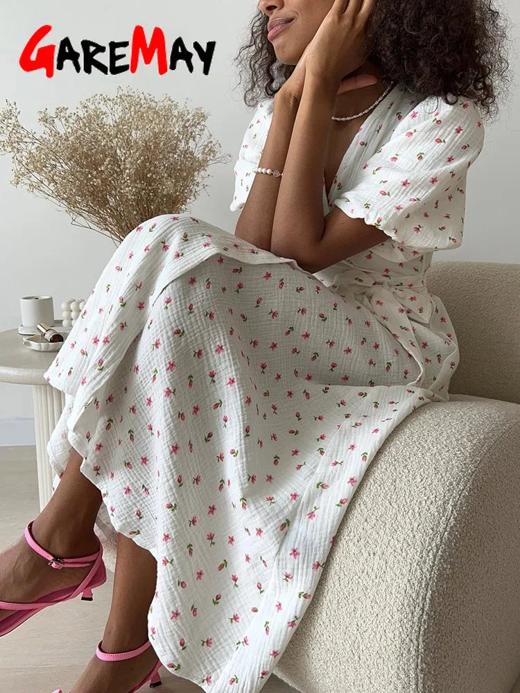 Robes d'été décontractées pour femmes, 100% coton, imprimé Floral, ligne a, robe mi-longue avec fentes latérales, longue robe blanche élégante pour femmes, 2024