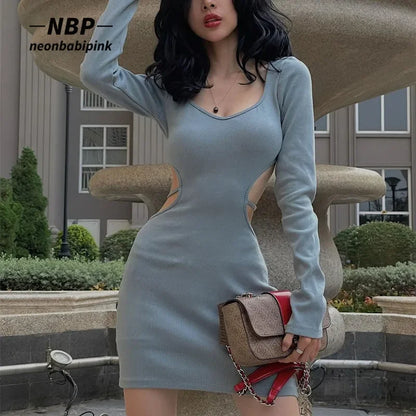 NEONBABIPINK Blue Bodycon Dresses for Women 2023 Spring Fashion Cut Out Lace Up Backless V Neck Long Sleeve Mini Dres N33-BH23