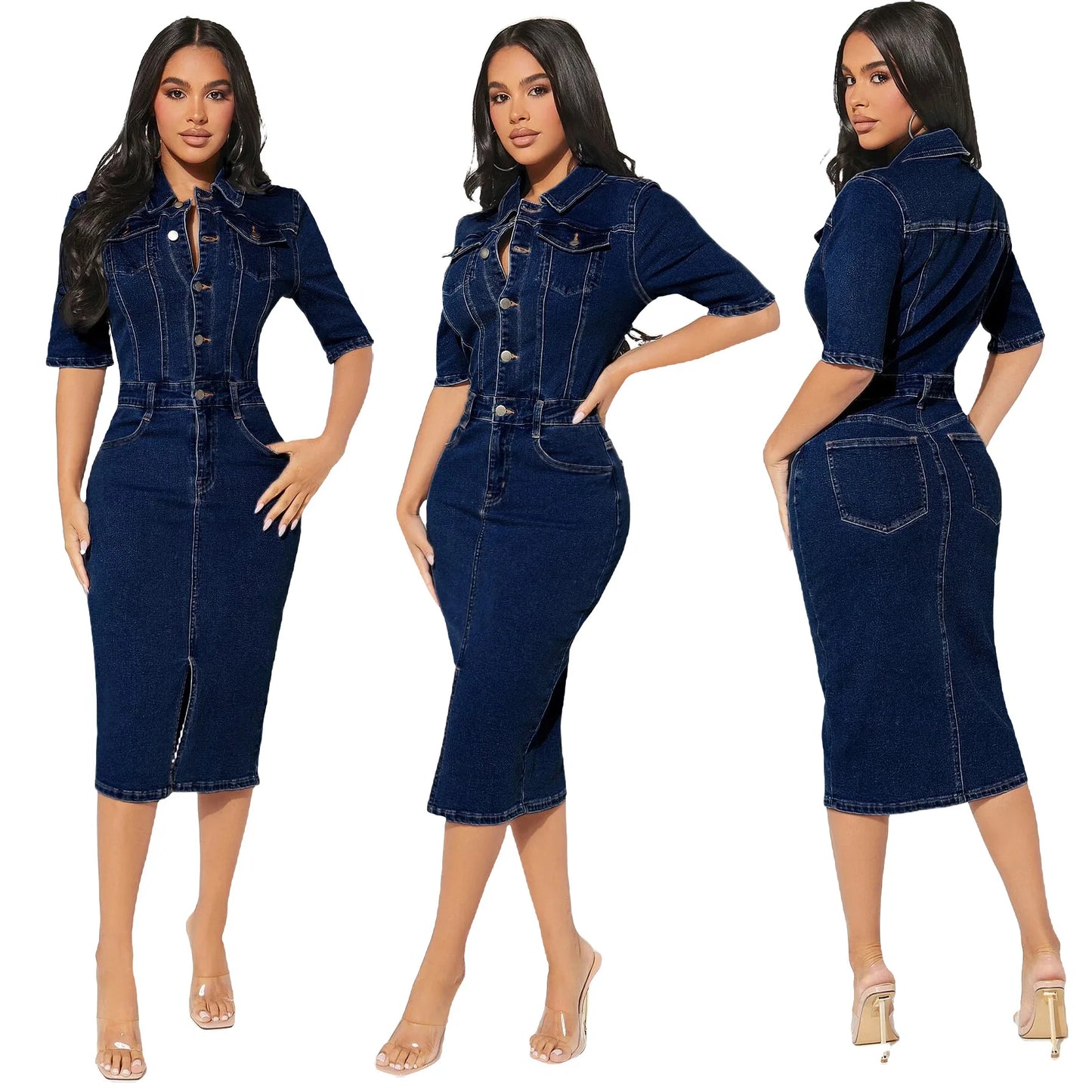 Trendy Damen Kurzarm Elastische Knöpfe Jeans Denim Mittellanges Kleid Damen Für Herbst Jean Paket Hüftrock