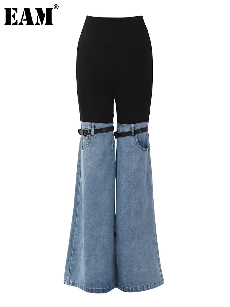 [EAM] High Waist Blue Color-block Denim Long Wide Leg Jeans New Loose Women Trousers Fashion Tide Spring Autumn 2024 17A2013H01