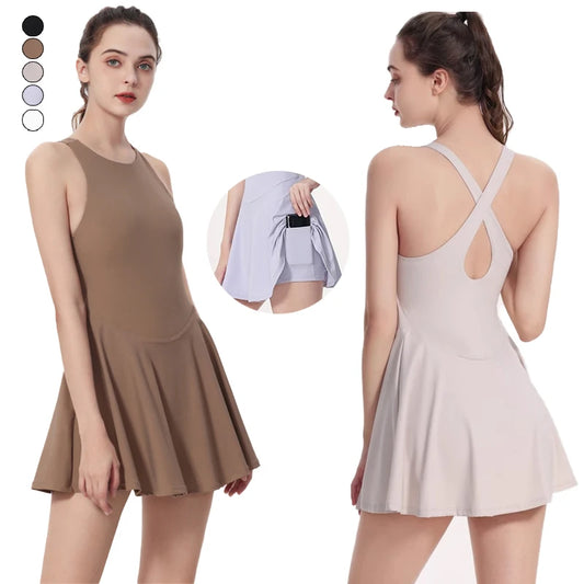 Robe de Tennis avec short pour femmes, une pièce, sport, Fitness, Yoga, jupe décontractée, costume de Golf en plein air, robe de Badminton, vêtements de sport pour femmes