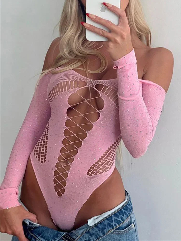 Tossy Rosa Spitze Body Tops Für Frauen Off-Schulter Aushöhlen Mesh Sheer Body Top Weibliche Heiße Rückenfreie Nachtclub dessous Top