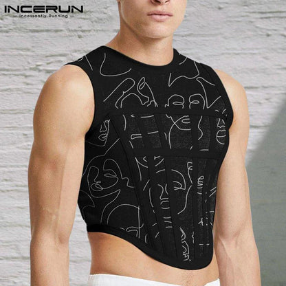 2023 männer Tank Tops Mesh Patchwork Rundhals Streetwear Ärmel Durchsichtig Westen Sexy Party Nachtclub Männer Crop Tops INCERUN