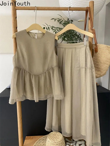 Vêtements d'été pour femmes, ensemble 2 pièces, col rond, hauts sans manche, taille haute, ligne a, jupe ample, tenues Roupas Femme, ensembles Chic Vintage