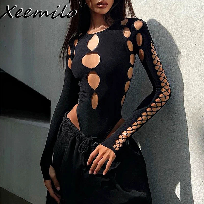 Xeemilo Sexy Dot Hollow Out Bodysuit Y2K Gothic Punk Long Sleeves Bodycon T-shirt Women Autumn Streetwear Slim Bodice Bodysuits