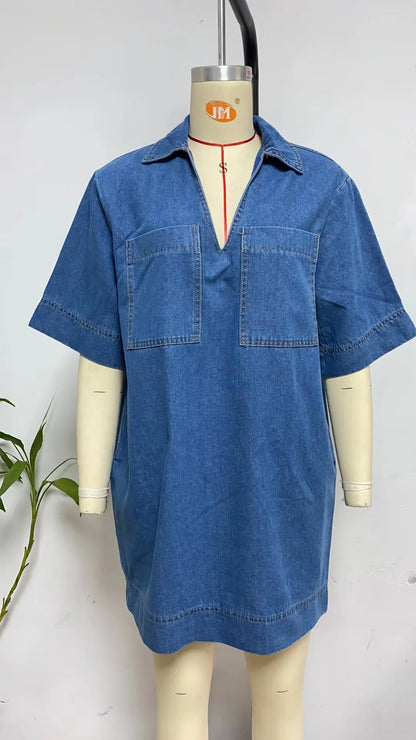 Mini robe en jean pour femmes, ample, col rabattu, maman Y2k, col en V, manches courtes, ample, décontractée, style Boho, élégante, épissure