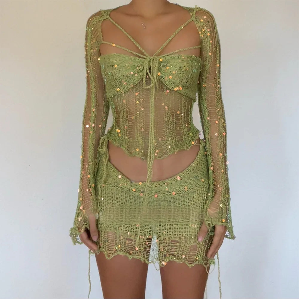 Robe tricotée au Crochet, ensemble jupe deux pièces, vêtements d'hiver pour femmes, hauts courts sexy, robe élégante en tricot à paillettes, ensemble 2 pièces, 2023