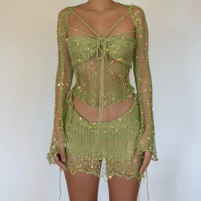 Robe tricotée au Crochet, ensemble jupe deux pièces, vêtements d'hiver pour femmes, hauts courts sexy, robe élégante en tricot à paillettes, ensemble 2 pièces, 2023