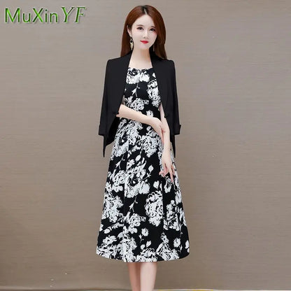 Women's Fashion Suit Coat + Chiffon Floral Dress Two Piece 2022 Fall New Korean Elegant Casual Professional Blazersa Skirt Set