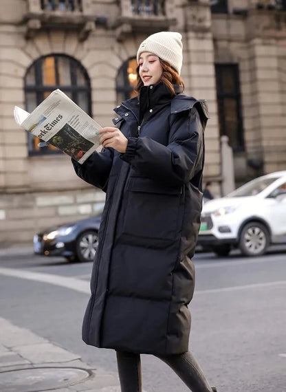 Veste en duvet de coton pour femmes, vêtements d'hiver, nouveau manteau coréen ample rembourré en coton, pardessus Long décontracté, épais et chaud, Parka à capuche, 2023