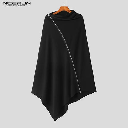 2023 Men Cloak Coats Solid Color Turtleneck Zipper Irregular Ponchos Men Streetwear Casual Fashion Long Trench S-5XL INCERUN