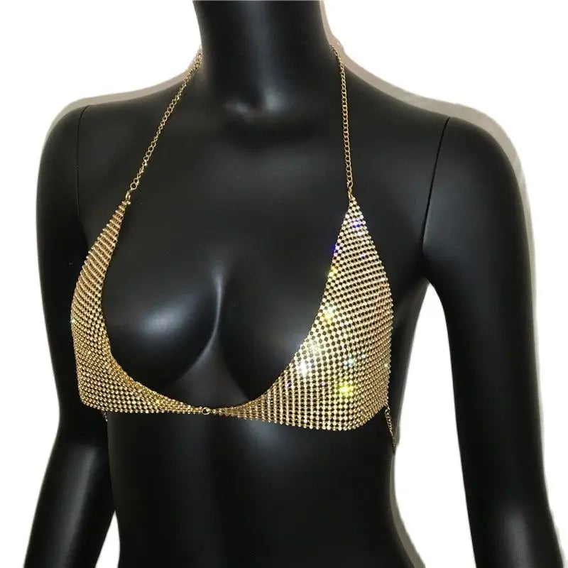 AKYZO 2023 Women Halter Handmade Rhinestones Bling Tank Tops Shiny Beach Bralette Party Club Gold Metal Diamond-Studded Camis