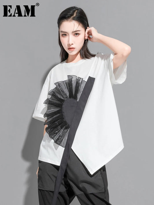 [EAM] Women White Flower Ruffles Ribbon Big Size T-shirt New Round Neck Short Sleeve Fashion Tide Spring Summer  2024 1DE8699