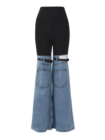 [EAM] High Waist Blue Color-block Denim Long Wide Leg Jeans New Loose Women Trousers Fashion Tide Spring Autumn 2024 17A2013H01