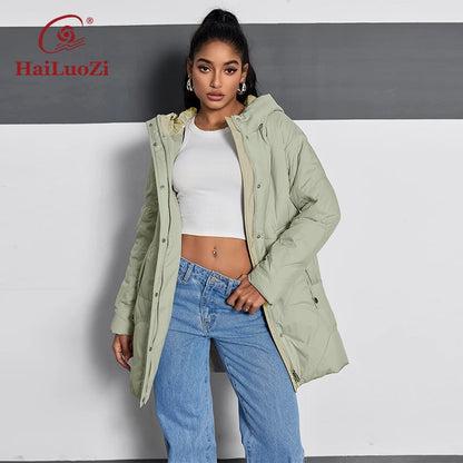 HaiLuoZi 2024 New Spring Women's Coat Mid-Long Thin Cotton Slim Parkas Slant Pockets Hooded Zipper Style Women Jacket 12113