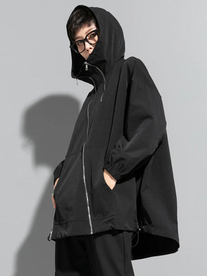 [EAM] Lose Schwarz Zipper Unregelmäßige Große Größe Lange Jacke Neue Mit Kapuze Lange Hülse Frauen Mantel Mode Frühling Herbst 2024 1DF1658