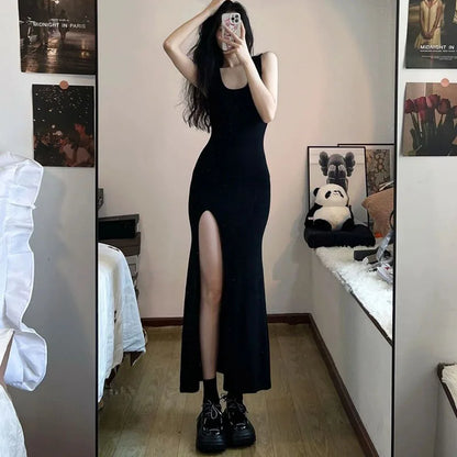 Robe noire sans manches à bretelles pour femmes, Sexy, coupe ajustée, fente latérale, Maxi irrégulière, été, coréenne, Simple, une pièce