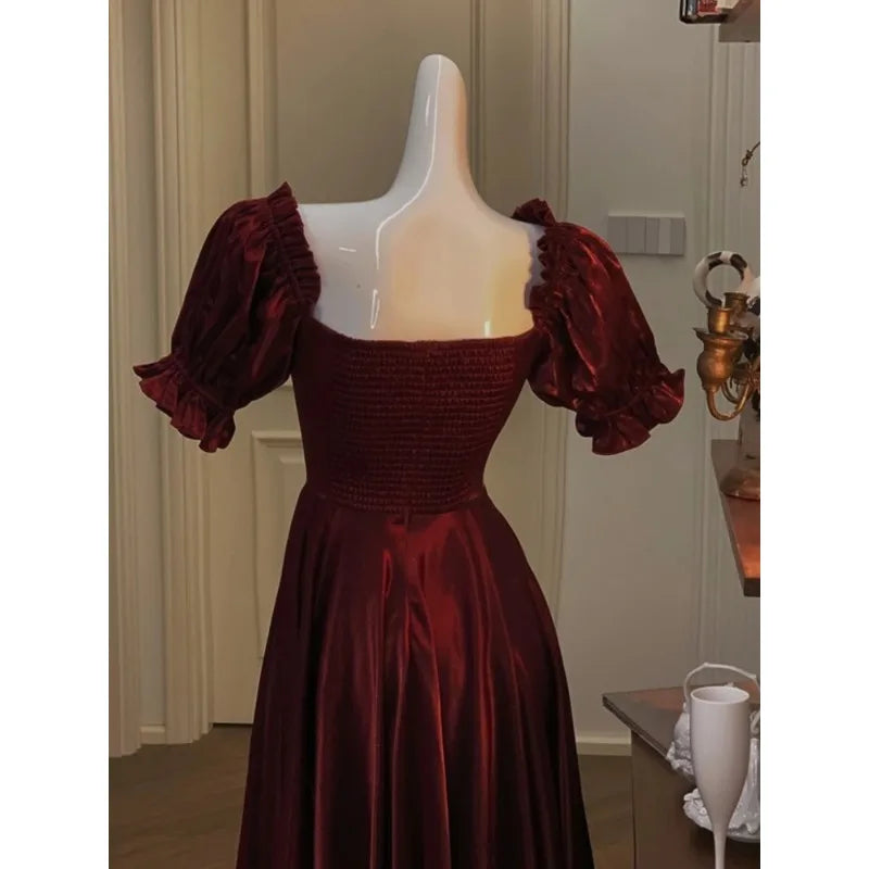 Robe de soirée française Vintage bordeaux pour femmes, tenue de bal élégante et romantique, ligne a coréenne, robes de remise de diplôme, été, 2024