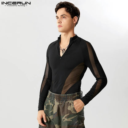 Body en maille Patchwork pour hommes, col en V, Streetwear, manches longues, fermeture éclair, t-shirt Transparent à la mode, INCERUN, 2023