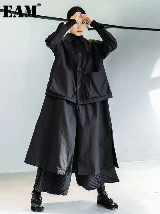 [EAM] Women Black Big Size Long Pocket Trench New Lapel Long Sleeve Loose Fit Windbreaker Fashion Spring Autumn 2024 1DE3081