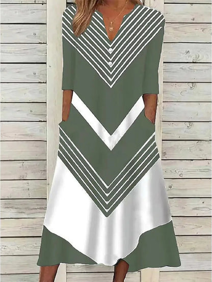 Robe décontractée pour femmes, robe droite, mi-longue, rayures noires et blanches, vert, bleu foncé, demi-manches, boutons, bloc de couleur, été, printemps