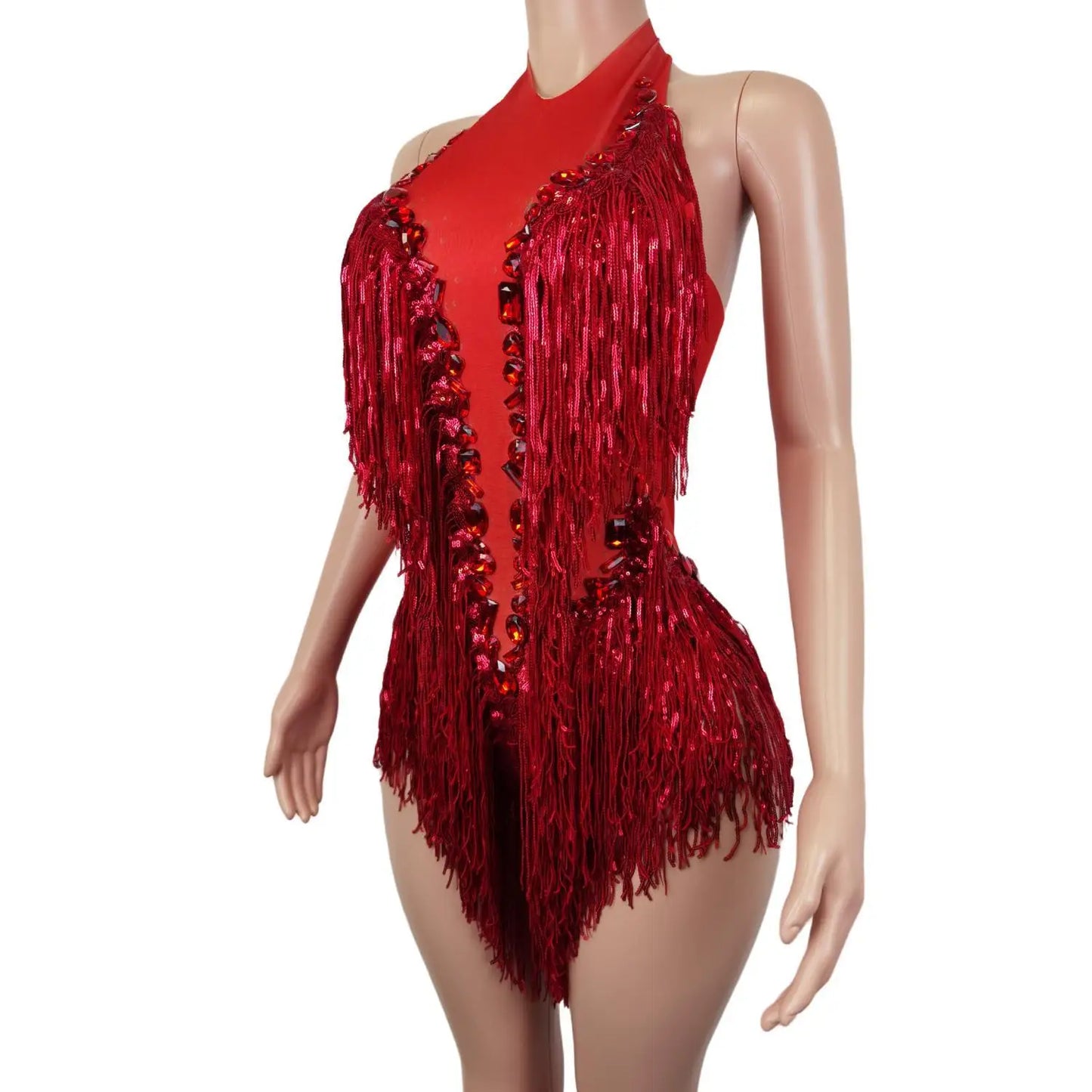 Clignotant rouge paillettes franges strass Transparent body femme soirée anniversaire célébrer Costume danseur justaucorps Shuye