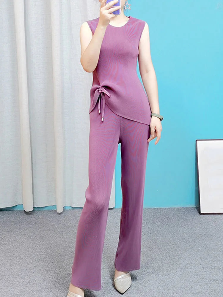 GVUW Pleated Three Piece Set For Women O-neck Drawstring Top Solid Color Coat Wide Leg Pants 2024 Summer Female Clothing 17J0719