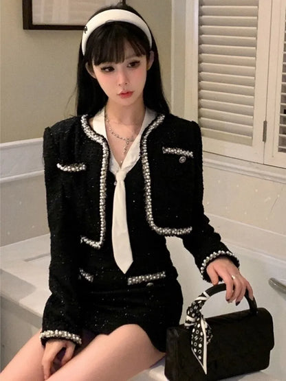 Elegant Vintage 2 Piece Set Black Suit Short Jacket + Sexy Spaghetti Strap Mini Dress Spring Autumn Party Korean Chic Outfits