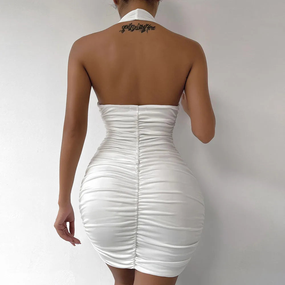 Fairyshely – robe de soirée à volants, décolleté en V profond, courte, blanche, col licou, moulante, Mini, Clubwear, été, 2024