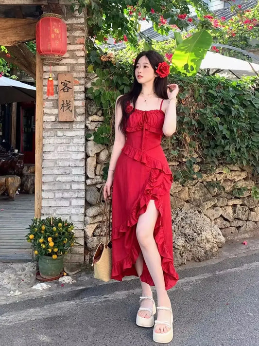 2024 neue Rote Kleid Frauen Sommer Mode Trend Volants Rand Unregelmäßigen Sexy Party Strand Urlaub Fee Kleid