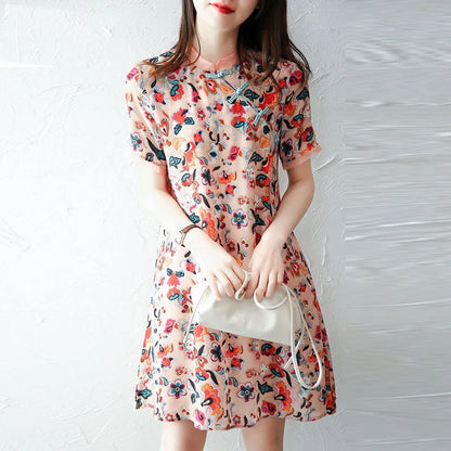 Vintage Printed Spliced Loose Bow Asymmetrical Mini Dress Women's Clothing 2023 Summer New Short Sleeve Office Lady Floral Dress