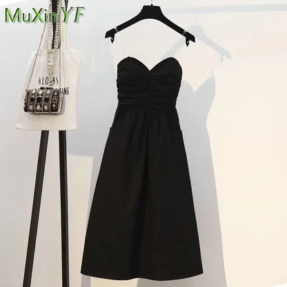 2024 Summer Fashion Short Small Blazer Sling Dress Two Piece Suit Women Korean Elegant Short Sleeve Casual Suit Midi Skirt Set