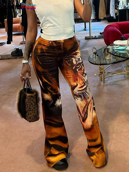 Seltsame Puss Tiger Print Flare Hosen Frauen 2023 Y2K Sommer Trend Dünne Elastische Wilden Casual Streetwear Grundlegende Hohe Taille Hose