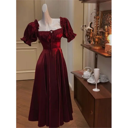 Robe de soirée française Vintage bordeaux pour femmes, tenue de bal élégante et romantique, ligne a coréenne, robes de remise de diplôme, été, 2024