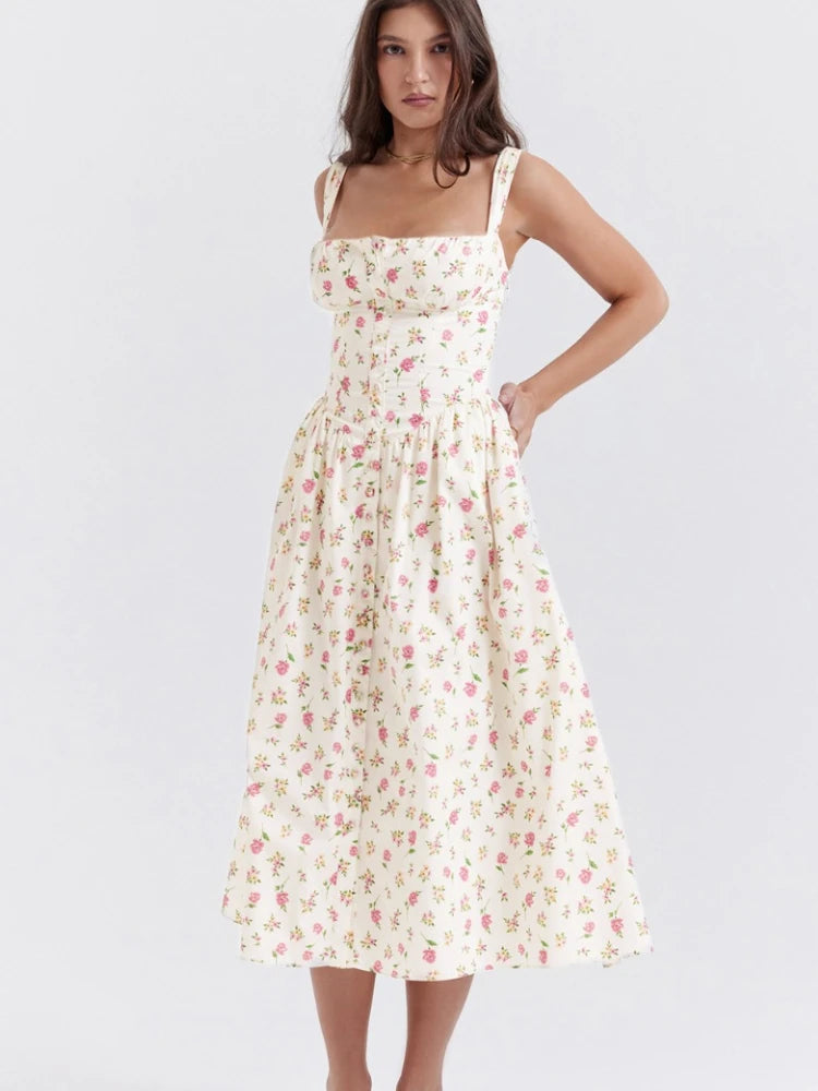 Robe mi-longue élégante à imprimé Floral pour femmes, tenue de vacances, Slim, boutons, Sexy, taille haute, sans bretelles, nouvelle collection été 2024