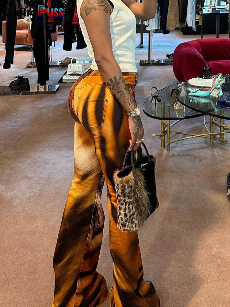 Seltsame Puss Tiger Print Flare Hosen Frauen 2023 Y2K Sommer Trend Dünne Elastische Wilden Casual Streetwear Grundlegende Hohe Taille Hose