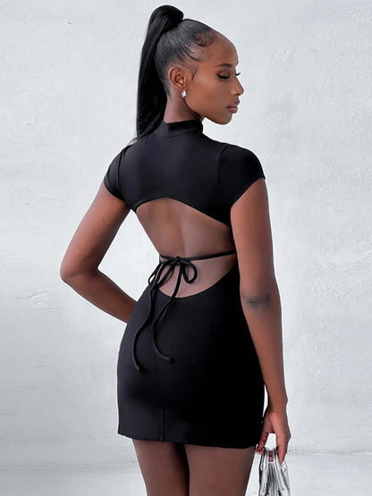 Hugcitar Kurzarm Lace Up Backless Mini Kleid Für Frauen Seite Schlitz Bodycon Dünne Sexy Streetewar Casual Outfits Sexy Club