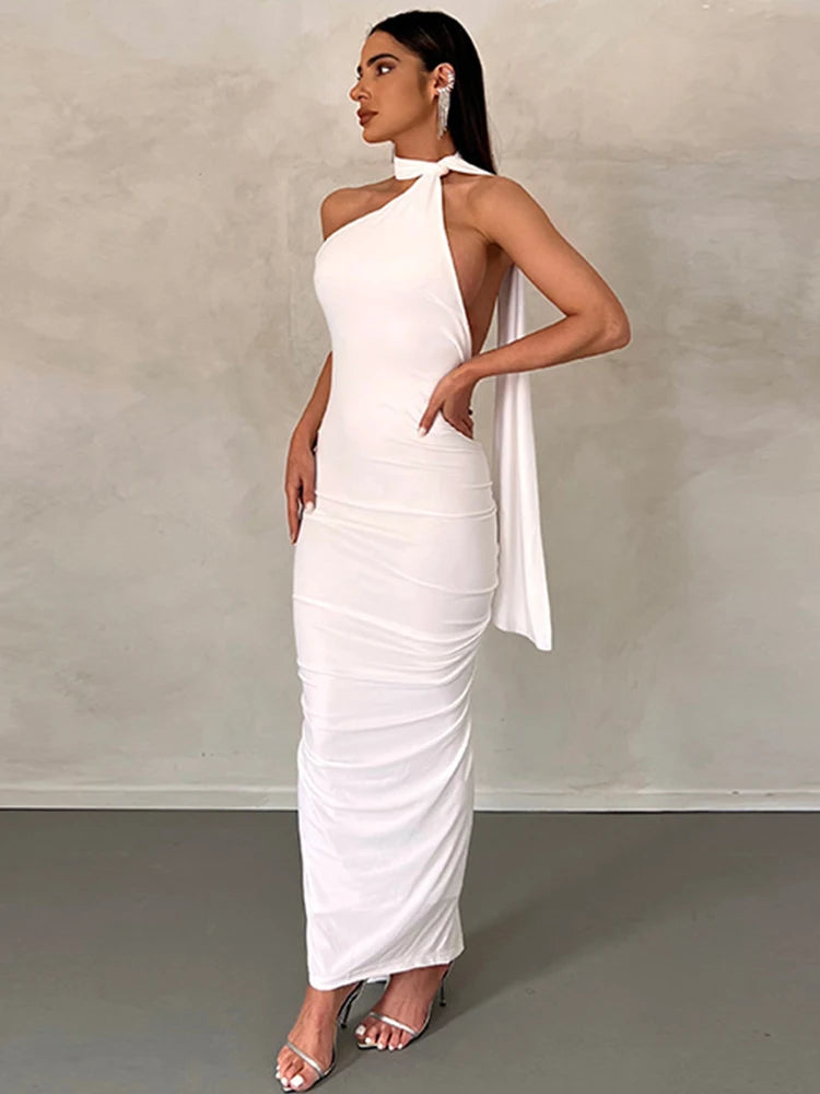 Hugcitar – robe de bal Maxi, asymétrique épaule dénudée, dos nu, couleur unie, drapée, élégante, Sexy, tenue Slim, fête d'anniversaire, Y2K, été, 2023