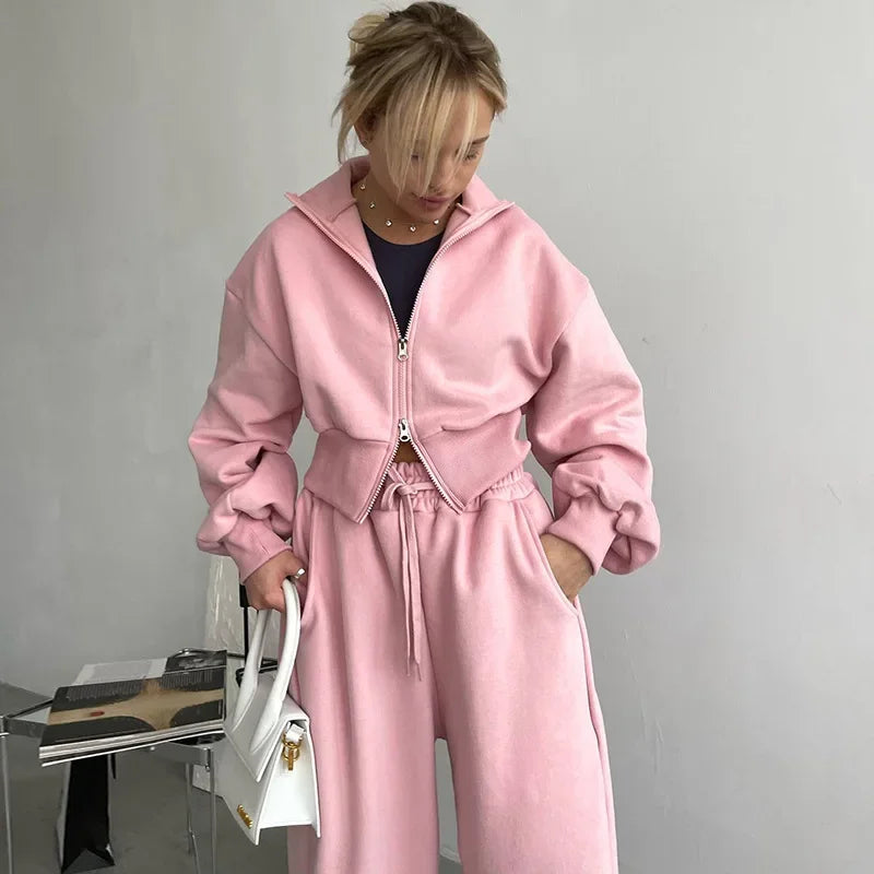 WeiYao Herbst Winter Streetwear Fashion Casual frauen Hoodies Zwei Stück Set Kurze Zipper Mantel Top Kordelzug Jogginghose Rosa