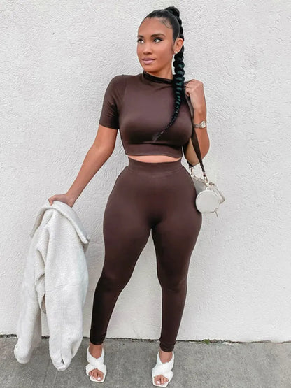 Hugcitar Solide Frauen 2 Stück Set Kurzarm Crop Top Hohe Taille Leggings Outfits Sportswear Passenden Co ords Anzug Kleidung