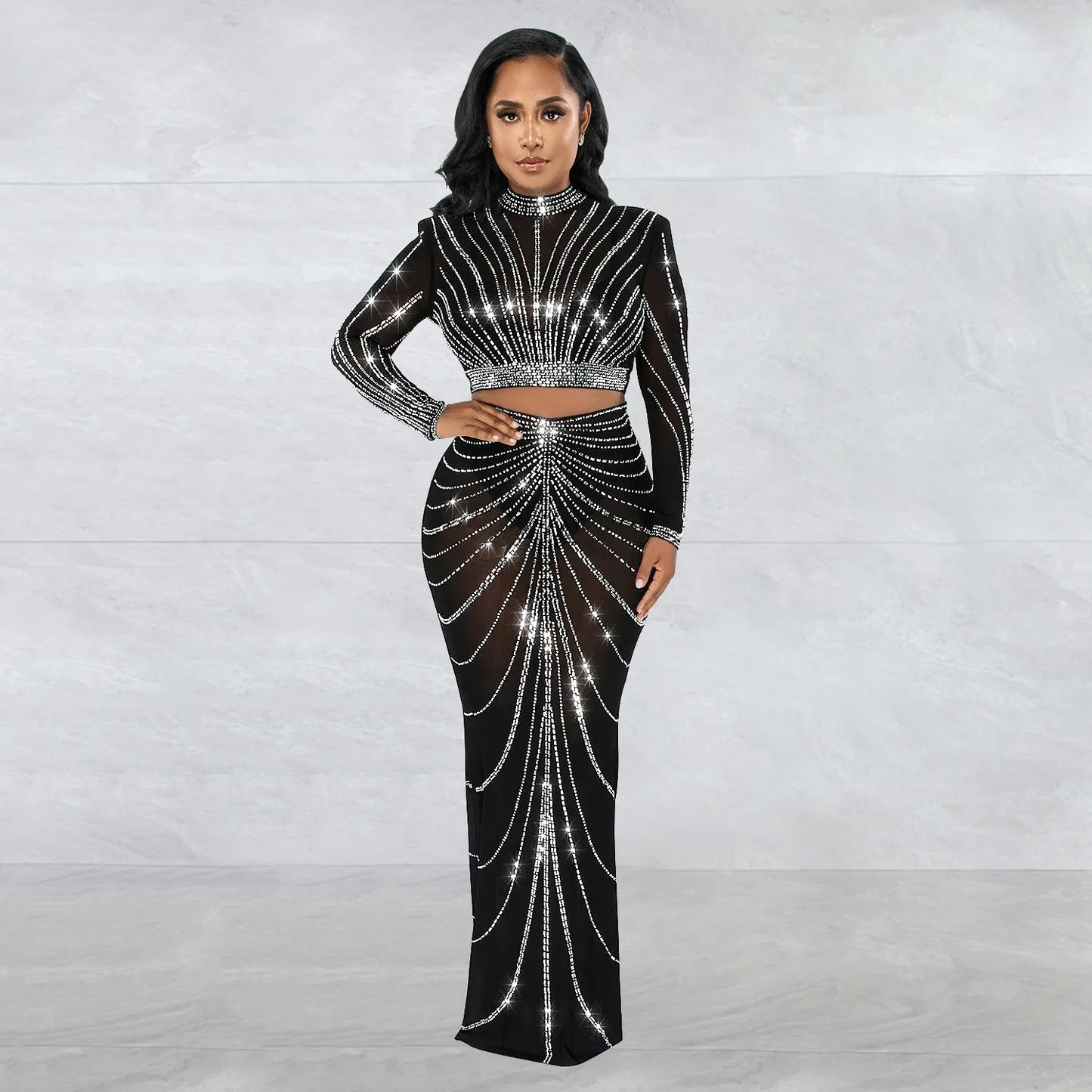 Robe Maxi moulante en maille à manches longues, élégante, strass scintillants, pour robe d'anniversaire, Sexy, Club, ensemble deux pièces, tenues pour femmes, 2023