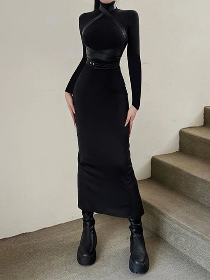 Robe longue noire moulante pour femmes, vêtements à col roulé, Slim, Sexy, Streetwear, taille haute, Patchwork, tenue d'automne