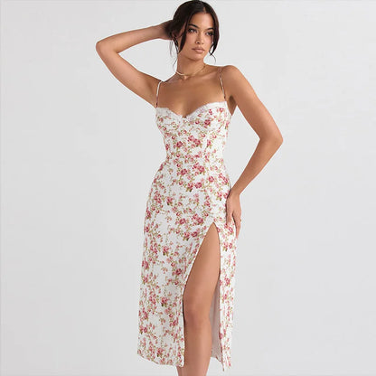 Hugcitar Rüschen Floral Print Slip Ärmelloses Rückenfreies Sexy Bodycon Schlitz Midi Kleid Sommer Elegante Kleidung Party Y2K Großhandel