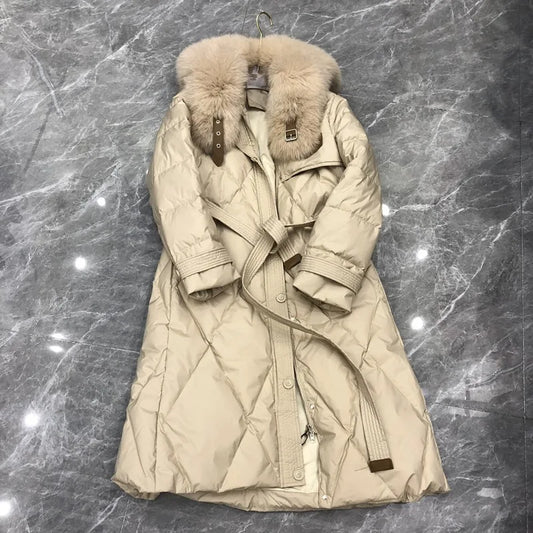 Veste longue en duvet de canard blanc pour femme, nouveau Design de luxe, grand col en fourrure de renard, manteaux épais et chauds, élégants, coupe-vent, vêtements d'extérieur, hiver 2024