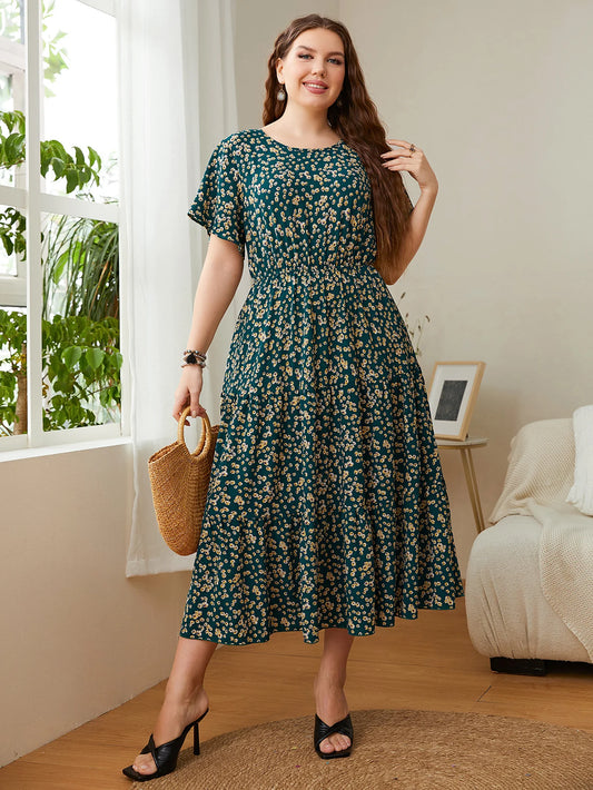 Mode grande taille femmes vêtements robe d'été col rond imprimé fleuri robes mi-longues urbain élégant décontracté dames grande taille robe longue