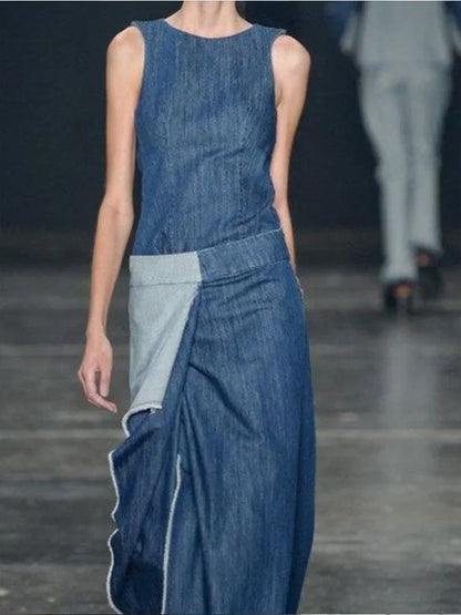 Robe longue en Denim pour femmes, tenue irrégulière, sans manches, Maxi, décontractée, unie, épissée, à la mode, 2024