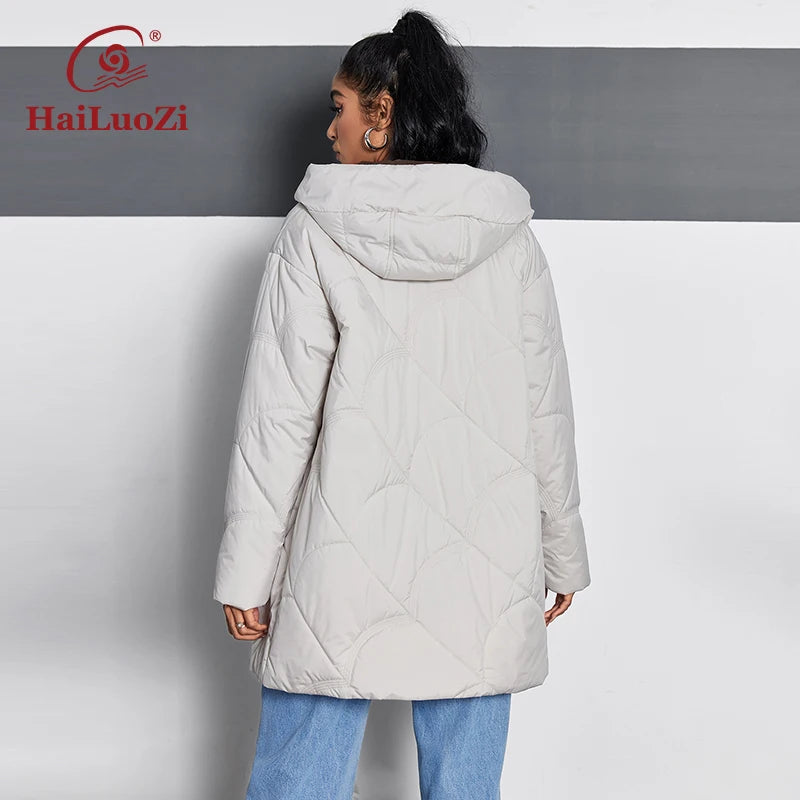 HaiLuoZi 2024 Neue Frühjahr frauen Mantel Mid-Lange Dünne Baumwolle Schlank Parkas Schräg Taschen Mit Kapuze Zipper Stil Frauen Jacke 12113