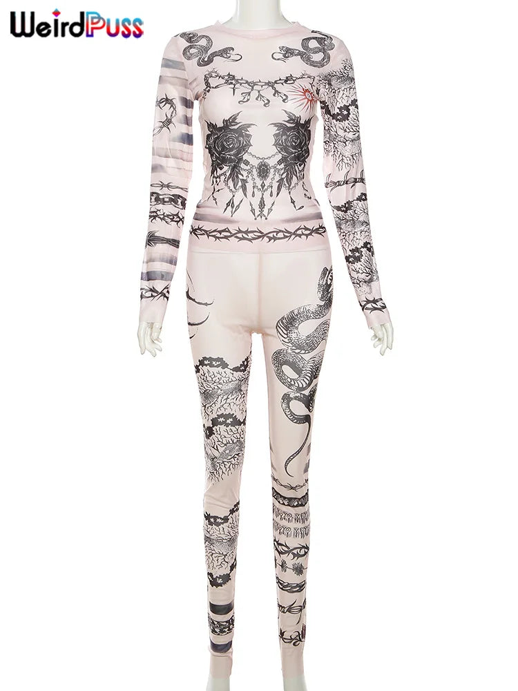 Weird Puss Dragon Print Sexy Frauen-Trainingsanzug, durchsichtig, 2-teiliges Set, Hipster-Crop-Tops + Leggings, Stretch, Streetwear, passender Anzug